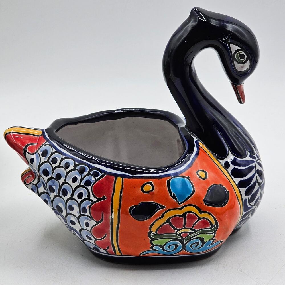 Mexican Talavera Swan Planter Hand Painted Colorful Ceramic Folk Art